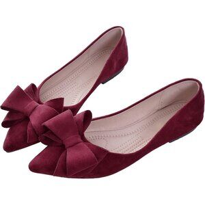 Women's Burgundy Bowknot Ballet Flats Pointy Toe Casual Flat Shoes Suede